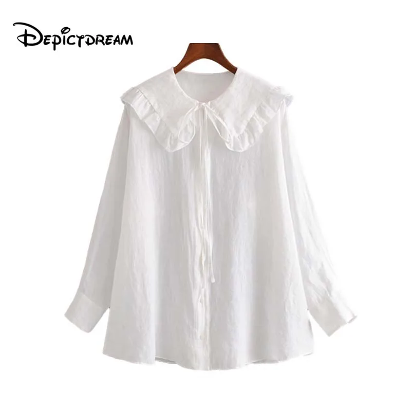 

2019 women oversized chic white blouse ruffles bow tie decorate solid long sleeve shirt female casual chic tops blusas