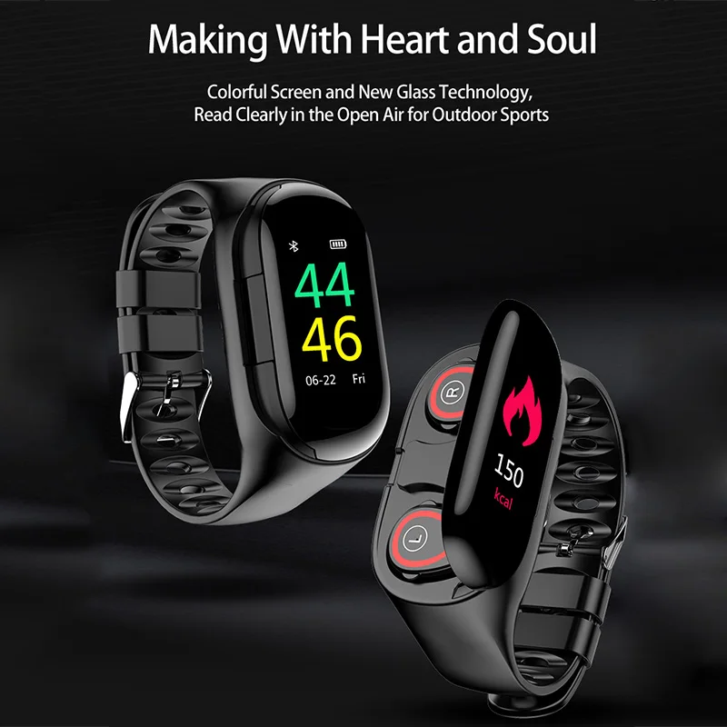 Smart Watch Bracelet Bluetooth Wireless Earphone 2 in 1 Heart Rate Monitor for Sports PUO88