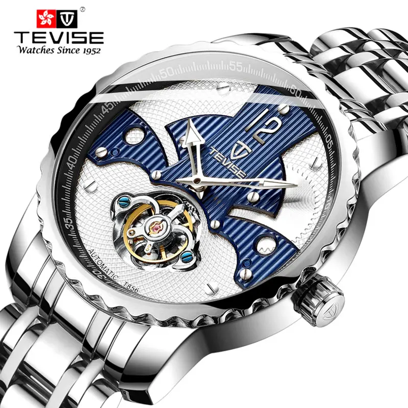 

Top Luxury Brand Tevise Brand Fashion Men's Automatic Mechanical Watch Stainless Steel Silver Blue Tourbillon Waterproof Watch