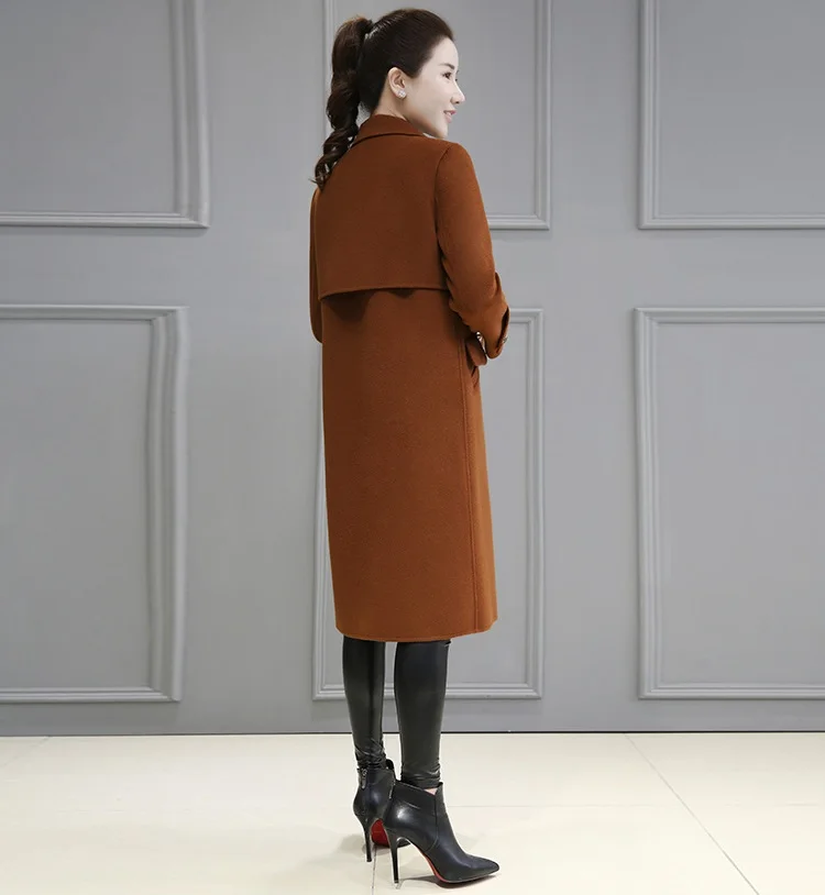 UHYTGF Для Женщин Осеннее Пальто модное двубортное повседневное длинное шерстяное пальто с отложным воротником Элегантный женский размера плюс куртка casaco feminino 572