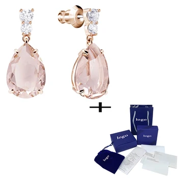 

SWA Fashion New High Quality Exquisite Pink Crystal Water Drop Pierced Earrings Retro Fresh Lady Jewelry Unique