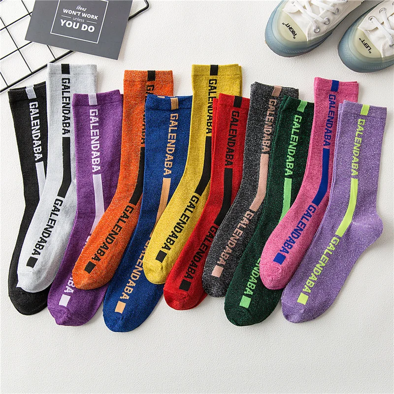 Длинные женские носки Ins с буквенным принтом знаменитости тонкие шелковые