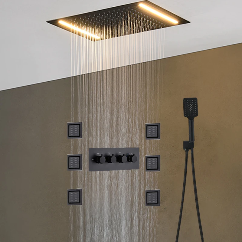 

LUXURY CEILING RAINFALL SHOWER SET LED BATHROOM THERMOSTATIC DIVERTER VALVE 4 INCH BODY JETS MASSAGE SYSTEM 2020