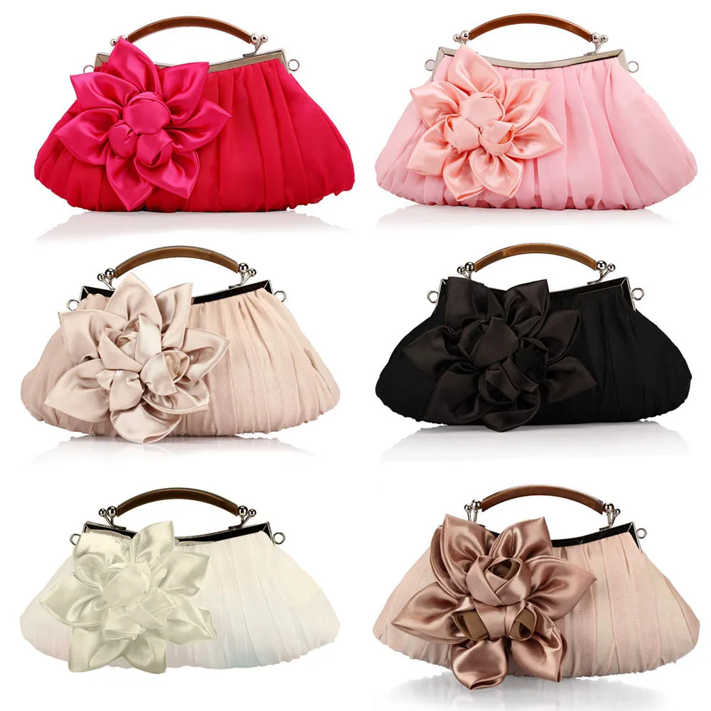 Women's Flower Prom Party Evening Handbag Clutch Bag Wedding Satin Package-OPK