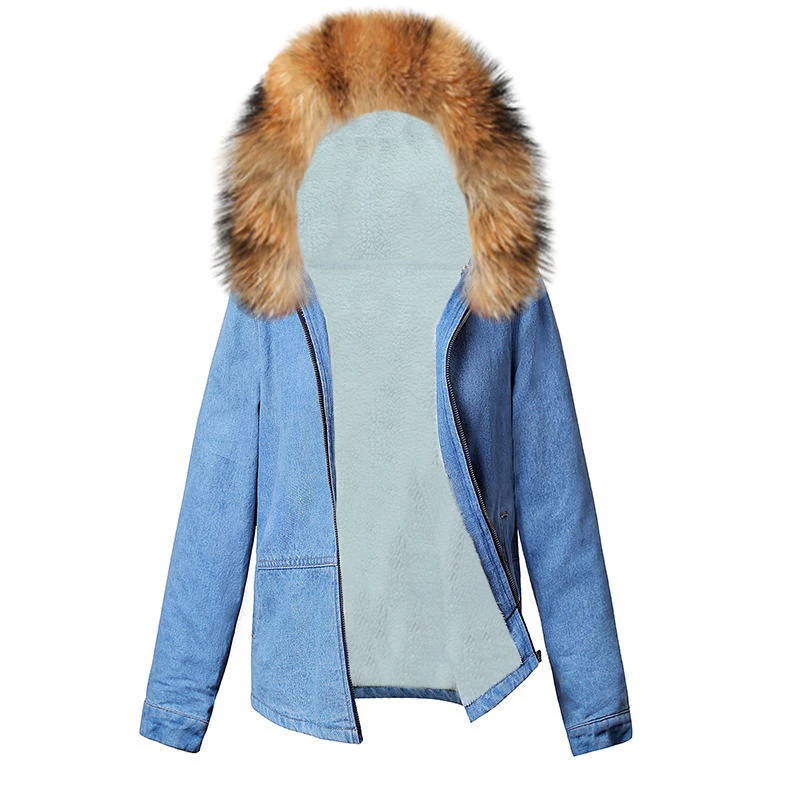 На зимнем меху джинсовая куртка для Для женщин спереди на молнии с капюшоном и карманами, джинсовая куртка с отделкой из меха, подкладка синего цвета бомбардировщик куртка Женское пальто