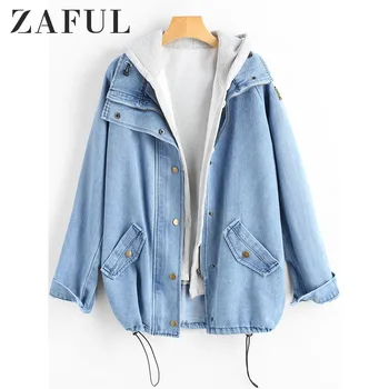 

ZAFUL Button Up Denim Jacket with Hooded Vest Wide-waisted Long Sleeve Women Tops Single Breasted Denim Jeans Coats Autumn 2019