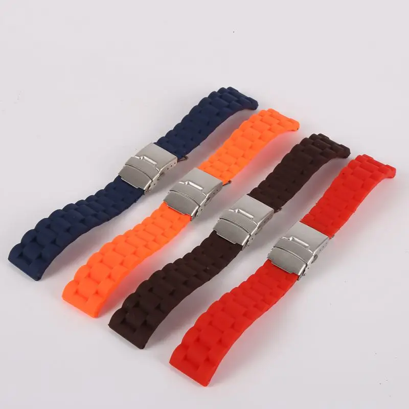 

Watchbands Men Silicone Rubber Wrist Watch Strap Band Waterproof With Deployment Clasp Folding buckle Red Orange Blue Coffee