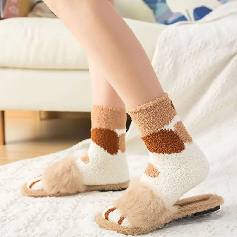 1 пара, мягкие флисовые теплые носки с кошачьими ушками, женские зимние утепленные милые носки, домашняя одежда, носки для сна, рождественские носки