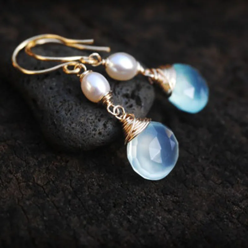 Aqua Chalcedony and petite pearl dangle earrings Glowing natural gemstones earrings