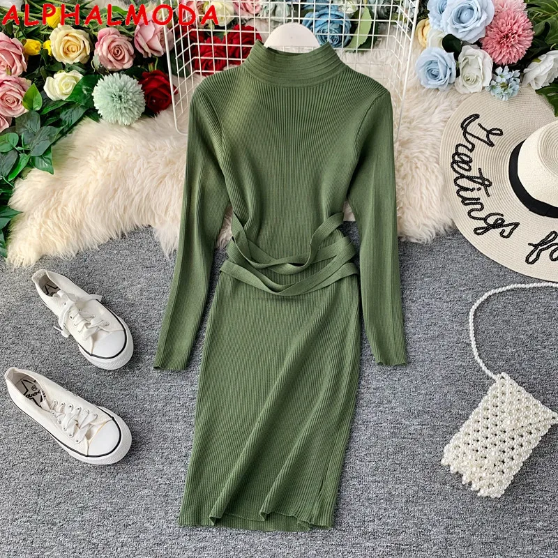 

ALPHALMODA Fall 2019 High Collar Knitted Dress with Across Sashes Women Casual Stretchy Knitting Dress Solid Fashion Dress