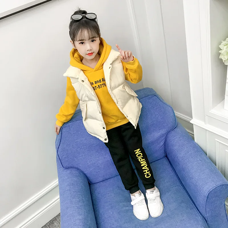 

Girls Thick down Cotton Three-piece Set Winter 2018 New Style Children Korean-style plus Velvet Hoodie Waistcoat Pants Set Fashi