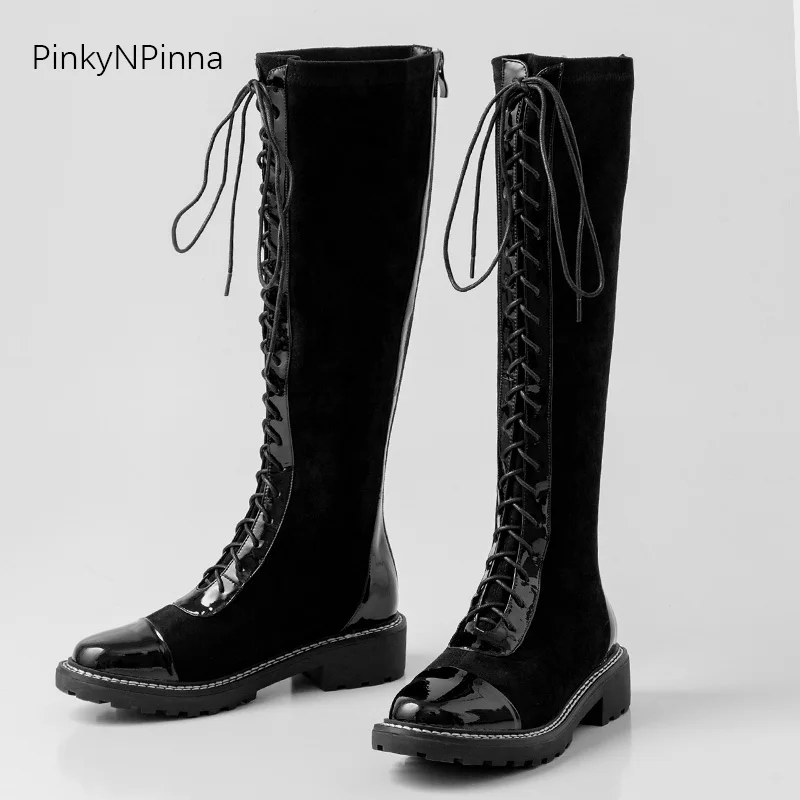 

women knee high long boots western style laced up soft flock patent leather winter equestrian street sexy slim designer boots