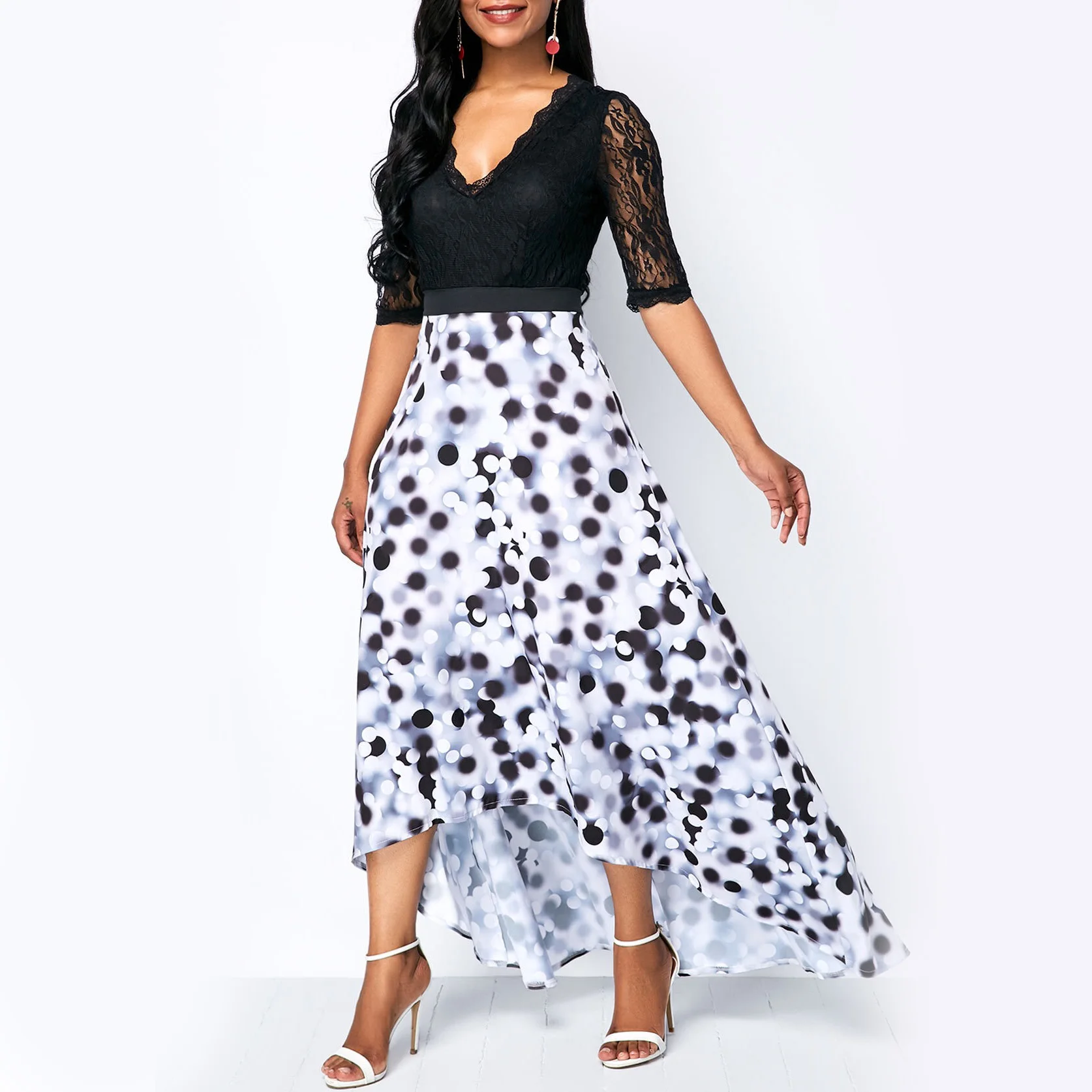 

Women Dresses Lace V Neck Half Sleeve Dot Sexy Elegant Dress For Office Work Business Brand Dress High Quality Hot Sales Dresses