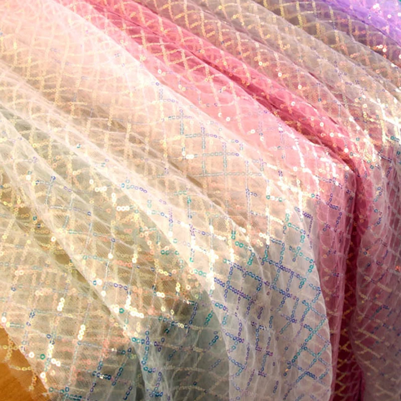 150X100CM Multicolor Sequin Glitter Fabric Plaid Embroidered Tulle for Wedding Party Stage DIY Handmake Decoration Fabric