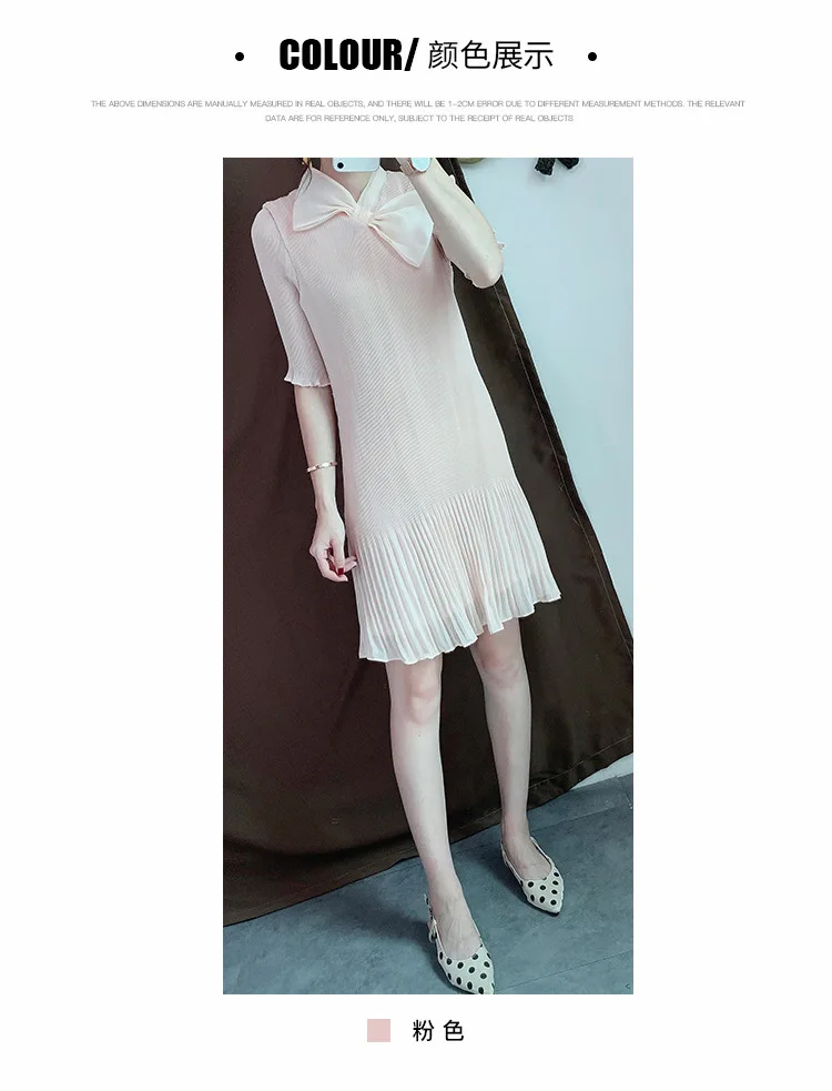 Miyake Плиссированное Платье Новые шифоновые розовые вечерние платья с бабочкой, с коротким рукавом, длиной до колена, с воротником Питер Пэн, однотонные женские платья