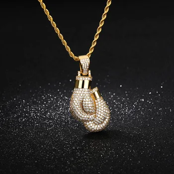 

Bling Boxing Gloves Pendant Necklace For Women Men Charm Pendant Free Rope Chain Gold Color Iced Cubic Zircon Hip hop Jewelry