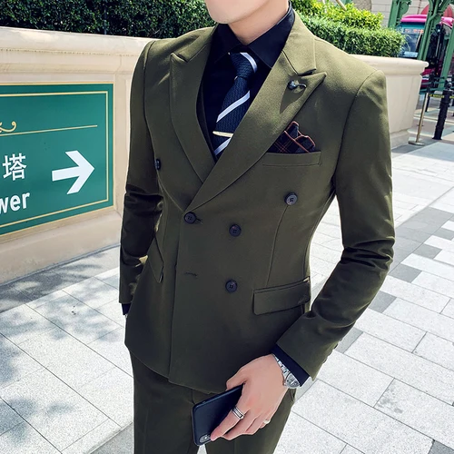Dark green Британский двубортный костюм, мужской костюм из трех частей, свадебный смокинг жениха, высококачественный банкетный костюм, мужской блейзер(верхняя одежда, брюки, жилет - Цвет: Dark green