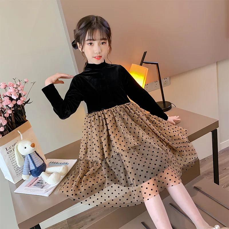dress for girls 10 to 12 years autumn winter 2020 long sleeve black polka dot princess costume