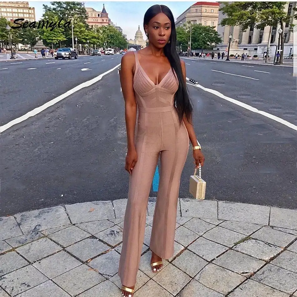Women Sexy V Neck Bell-bottom Rayon Bandage Jumpsuit Ladies Backless Designer Boot Cut Rompers | Женская одежда
