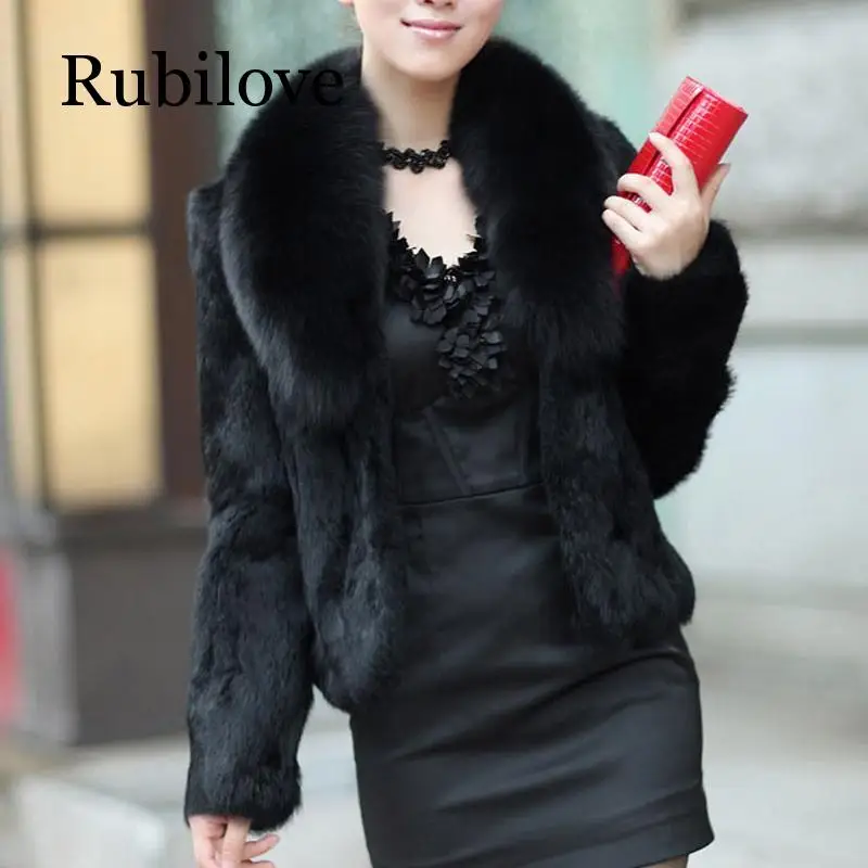 

Rubilove Whole Skin Rabbit Fur Coat with luxury Real Natural Fox Fur Collar Jacket Full Pelt Rabbit Fur Overcoat