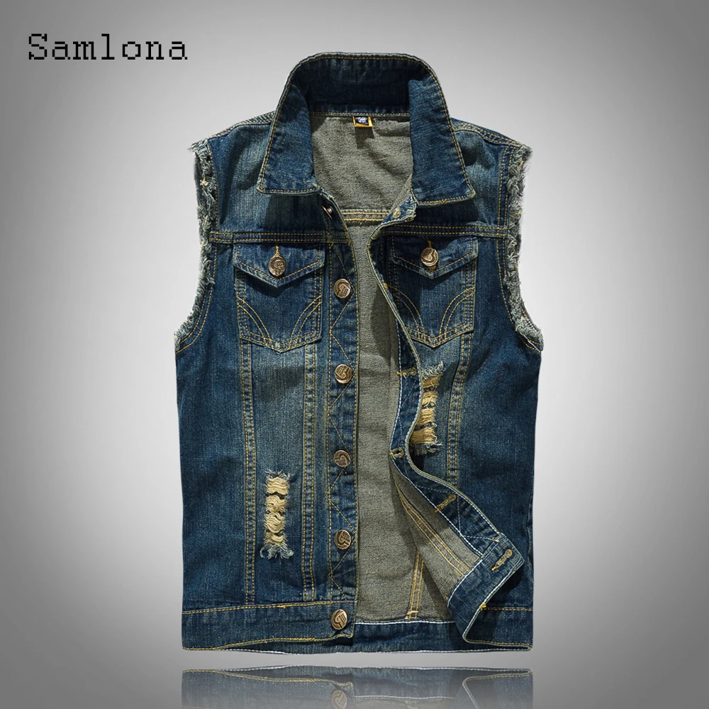 Samlona Plus Size 5xl 6xl Men Denim Jackets 2021 Sleeveless Multi-pockets Jean Vest Mens Fashion Hole Ripped Sexy Jeans Jacket