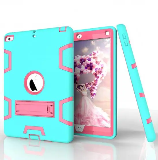 Чехол для iPad 9,7 6th iPad 9,7 5 thTablet, детский безопасный сверхмощный силиконовый Жесткий противоударный Броня Гибридный трехслойный стенд - Цвет: mint green rose red