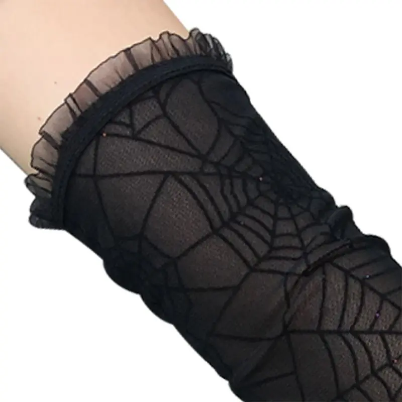 Women Halloween Fingerless Long Gloves Lady Female Stylish Rhinestone Spider Web Cosplay Costume Gloves