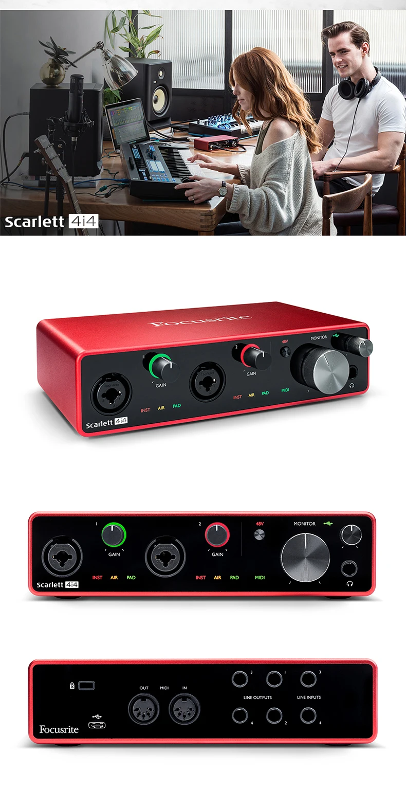 Новая версия Focusrite Scarlett 4i4(3rd gen) 4 входа 4 выхода USB аудио интерфейс звуковая карта для записи микрофон Гитара Бас