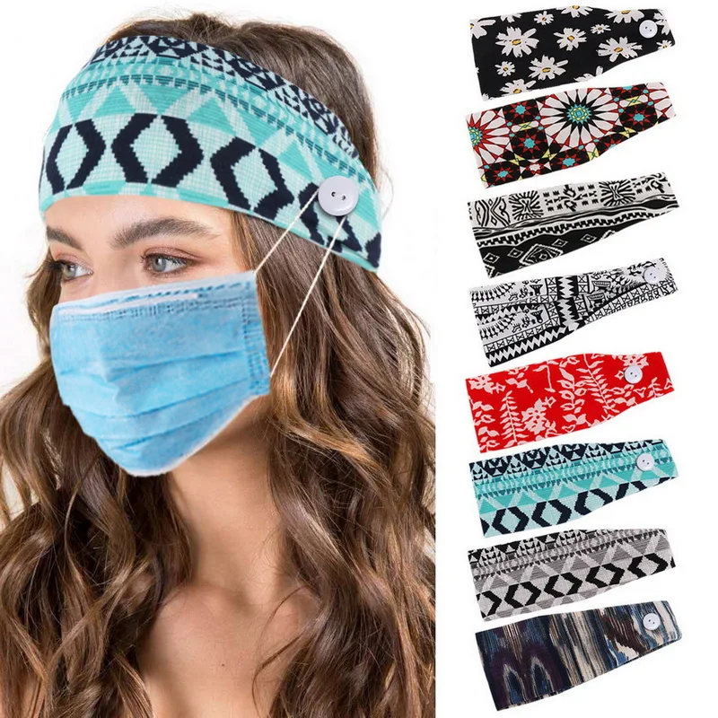 

Women Sport Stretchy Button Headband Boho Floral Print Headwrap Protect Ears Face Mask Holder Printed Turban Hair Accessories