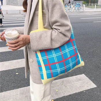 

Knitted Wool Contrast Color Checked Shoulder Bag for Women Simple College Students Cloth Handbag Tote Winter Warm Woolen Bags