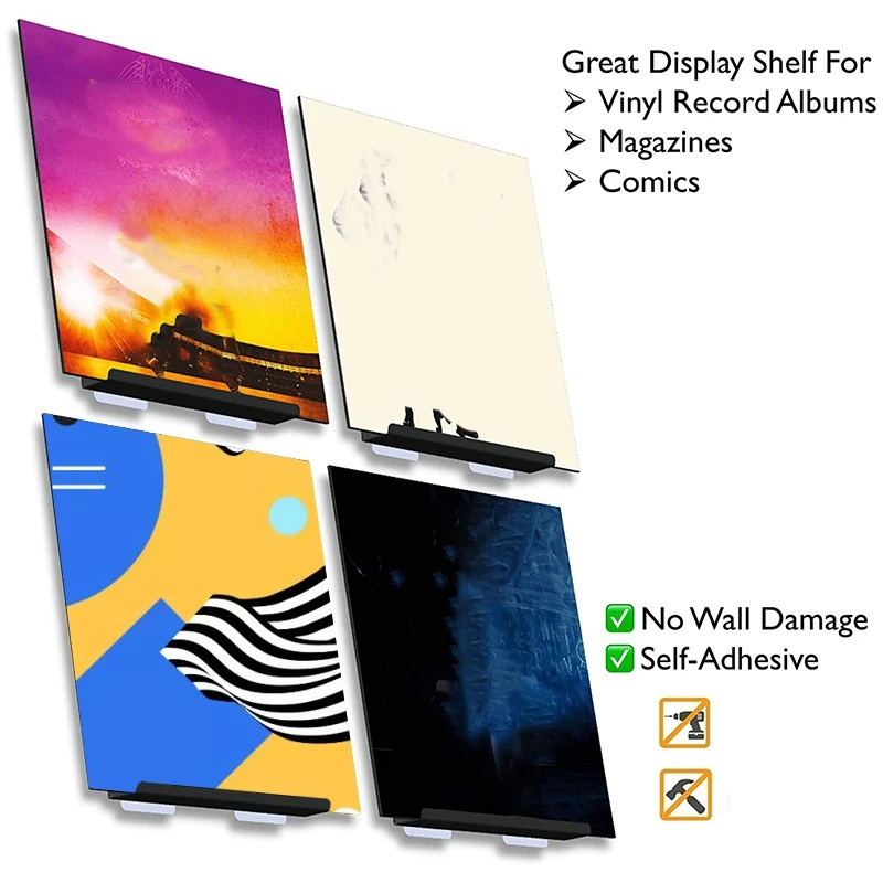 Disks Support Vinyl Wall 4 Pack Display Shelf Metal Frame Wall Mounted Holder Stand with Self Adhesive for Record Album