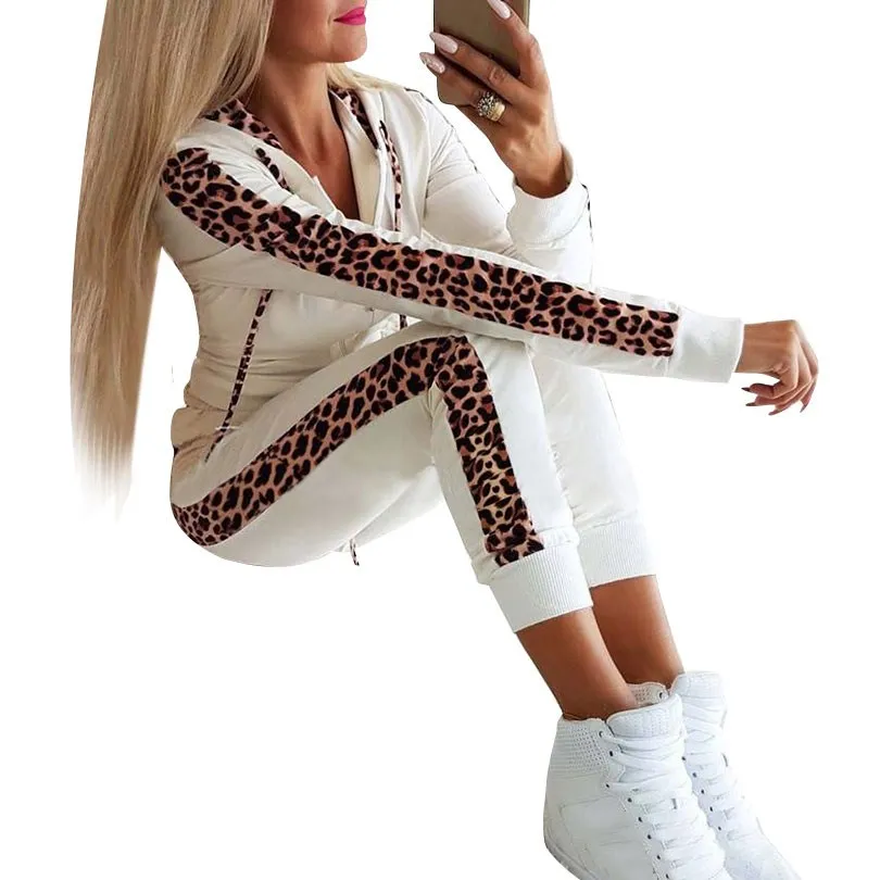 

Women 2 Pieces Sets Leopard Patchwork Hooded Sweatshirt Long Harem Pants Women Tracksuits Hoodies Outfiits