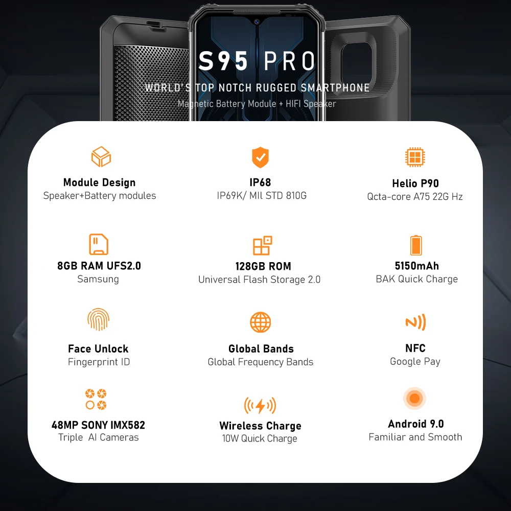  IP68/IP69K DOOGEE S95 Pro Helio P90 Octa Core 8GB 128GB Modular Rugged Mobile Phone 6.3inch Display