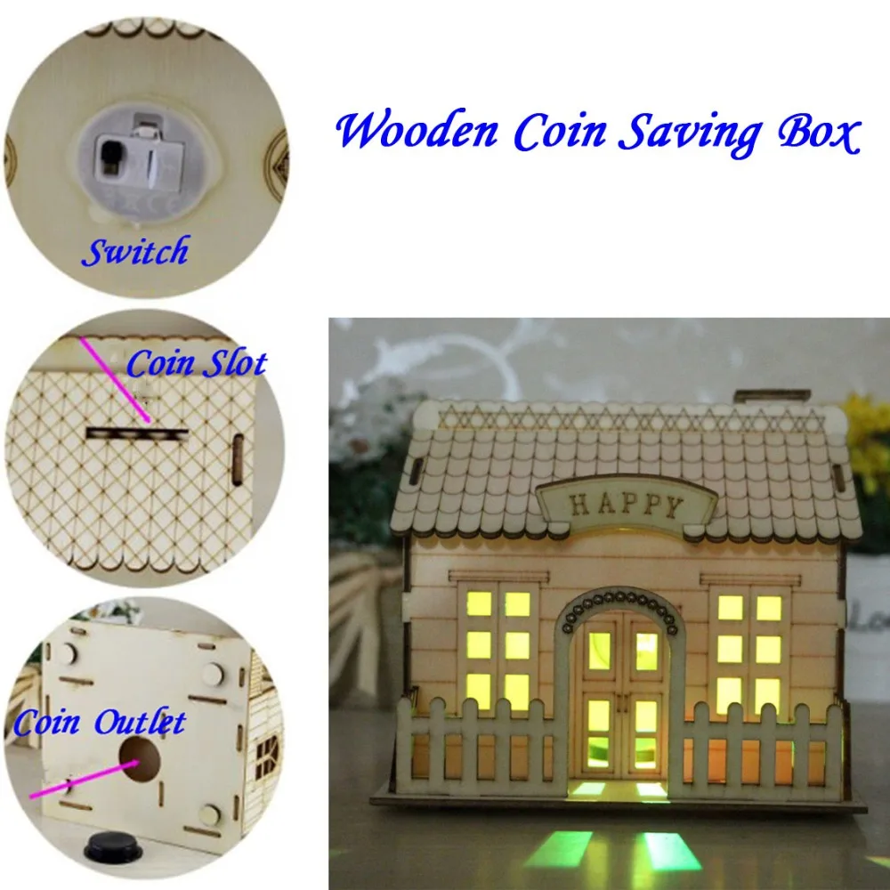 Money Box Piggy-Bank Wooden Coin Saving Box Kids Gift Coin Saving House Money Bank (23)