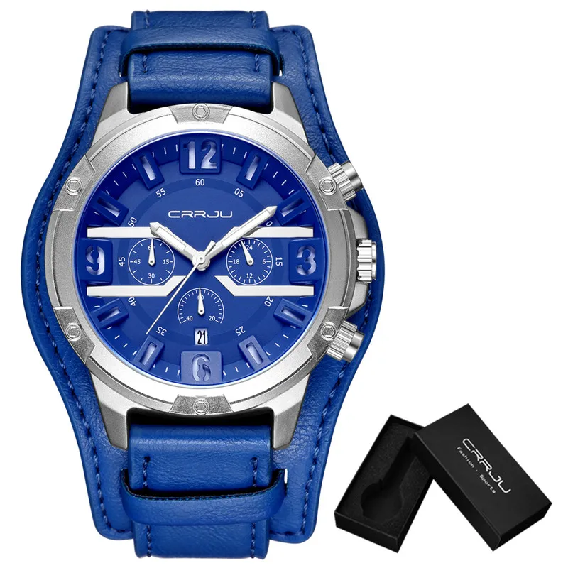 blue silver blue CRRJU Брендовые мужские многофункциональные спортивные часы мужские повседневные кварцевые наручные часы кожаные мужские военные водонепроницаемые часы с коробкой - Цвет: blue silver blue