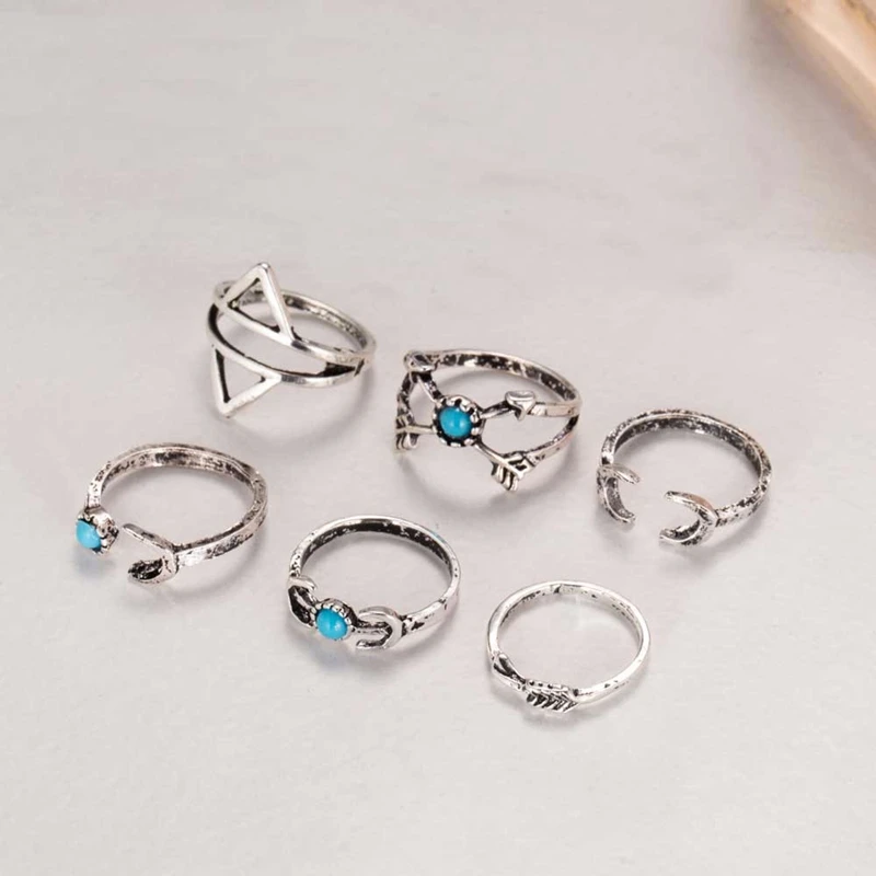 R007 Silver color 6 шт./лот, уникальный комплект панк-колец с кристаллами в виде листьев, стильные кольца золотого цвета на кастет для женщин, кольца на палец средней длины, кольца на кончик пальца, набор колец на цепочке - Цвет основного камня: R007 Silver color
