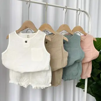 

2020 New Girls Boys 2 Pcs Set T-Shirt+ShortsSummer Cotton Linen Fashion Kids Pajama Suits 2-7 Years QH697