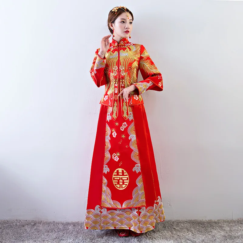 Весеннее красное платье Чонсам с длинным рукавом Вышивка Феникс невесты свадебное традиционное китайское Ципао женское длинное платье Китайский Халат
