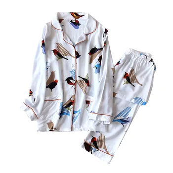 

Women Pajama Set Long Sleeve Print V Neck Button Top + Loose Trousers Summer Cotton Home Clothes