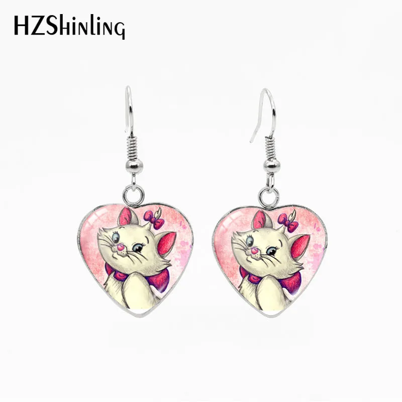 

HZSHINLING New Arrival Cartoon Cute Cats Stainless Steel Dangle Earrings Glass Heart Pendants French Hook Earrings Gifts