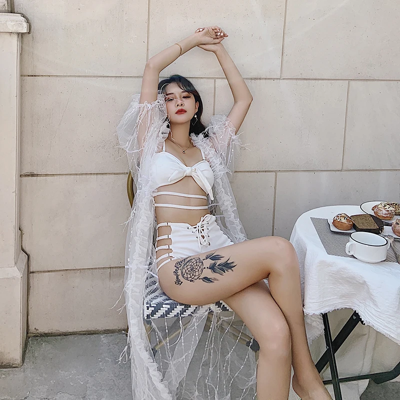 

2019 New Japanese Women Three Pieces Tankinis Set Solid Front Cross Adjustable Strap Ruched Backless Swimwear Baech Bathing Suit