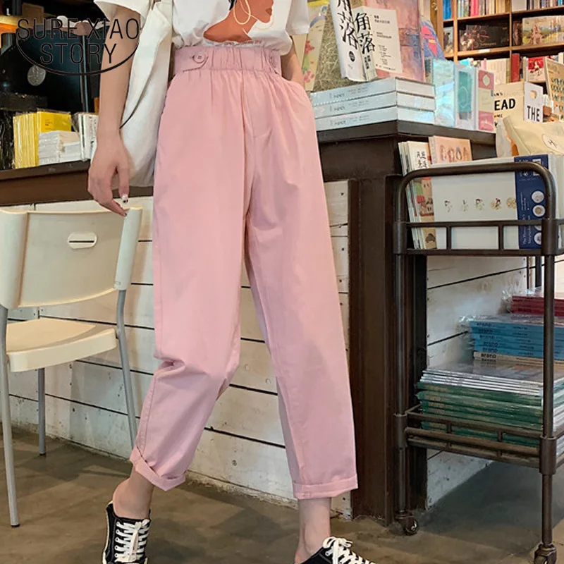 

High Waist Pants Women Loose Women Pants Solid Summer Autumn Straight Elastic Office Korean Trousers with Pink Black Beige 10386
