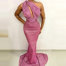 

Elegant Pink One Shoulder Mermaid Evening Dresses Ruffles Lace Beaded With Train Plus Size Aso Ebi Prom Party Gowns Custom M