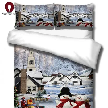 

Christmas Suite Bedding White Quilted Snowman House Happiness Festive Home Textile Set Duvet with Pillowcase 3D Free Shipping