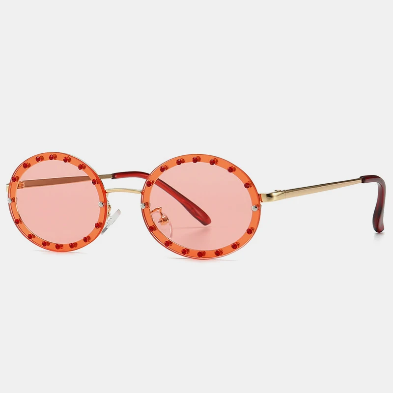 Королевские Модные женские брендовые круглые металлические солнцезащитные очки для женщин, дизайнерские безрамные Декоративные Солнцезащитные очки с бриллиантами для женщин ss178 - Цвет линз: C7 Pink