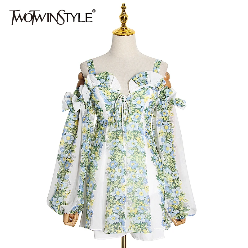 TWOTWINSTYLE Elegant Print Dress Women Square Collar Lantern Sleeve Off The Shoulder High Waist Hit Color Dresses Female Fashion TWOTWINSTYLE Elegant Print Dress Women Square Collar Lantern Sleeve Off The Shoulder High Waist Hit Color Dresses Female Fashion
