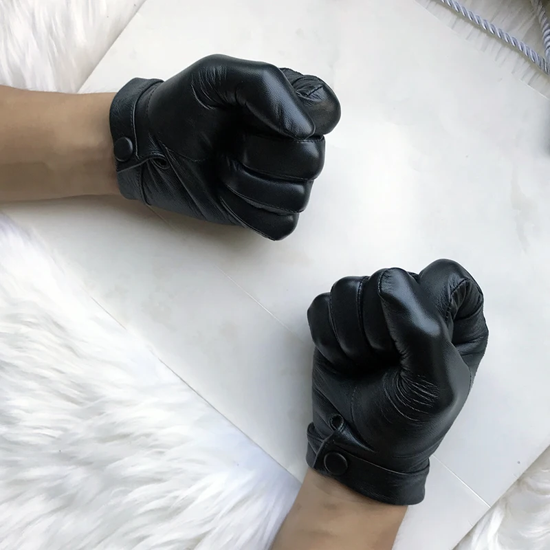 Unlined Gloves Wrist Button Sheep Leather Touch Screen Winter Gloves For Men Black Thin Lining Genuine Leather