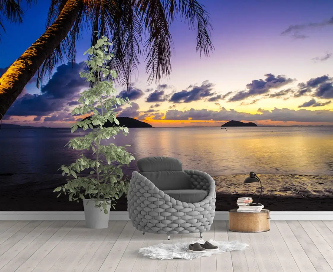

beibehang custom Southeast Asia coconut tree seascape at dusk wallpapers for living room TV background photo mural 3D wallpaper