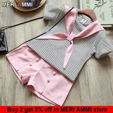 MERI AMMI/комплект одежды из 2 предметов, детский комплект одежды для девочек, футболка в полоску+ рубашка для девочек возрастом от 2 до 7 лет J684