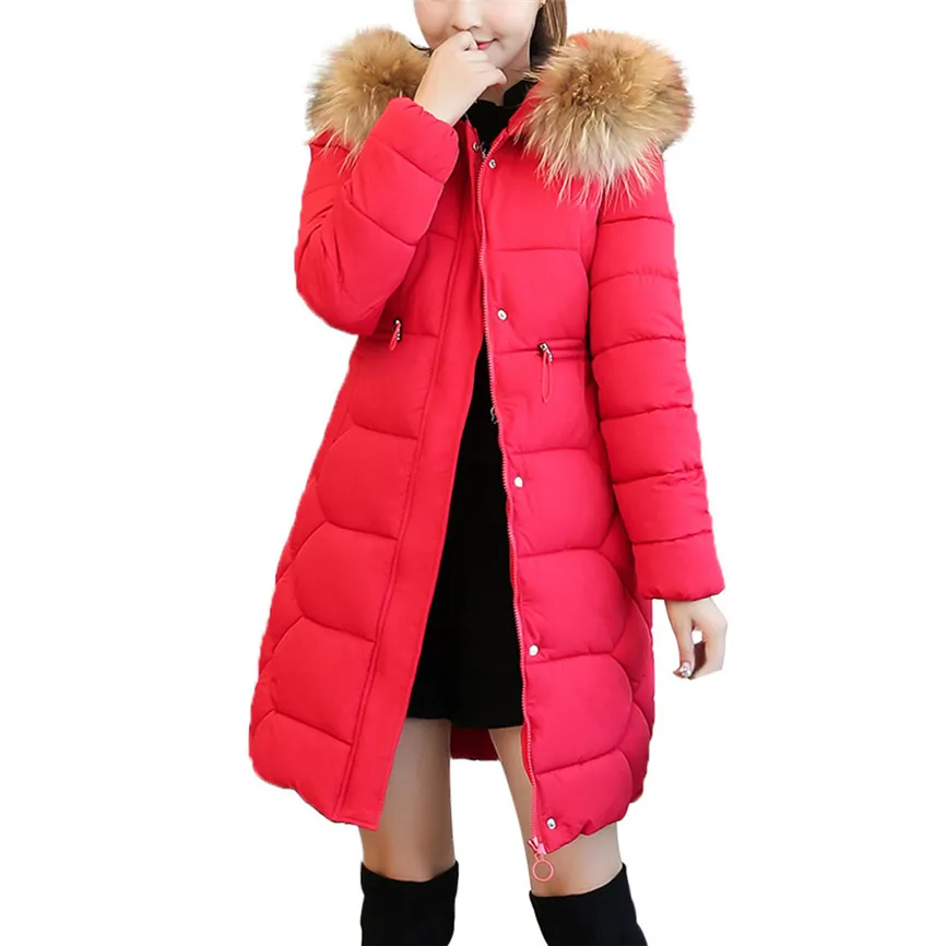 Korean Winter Jackets For Women Hooded Solid Outwear Warm Long Thick Fur Cotton Parka Slim Jacket Coat Winter Coat Women Elegant - Цвет: Red